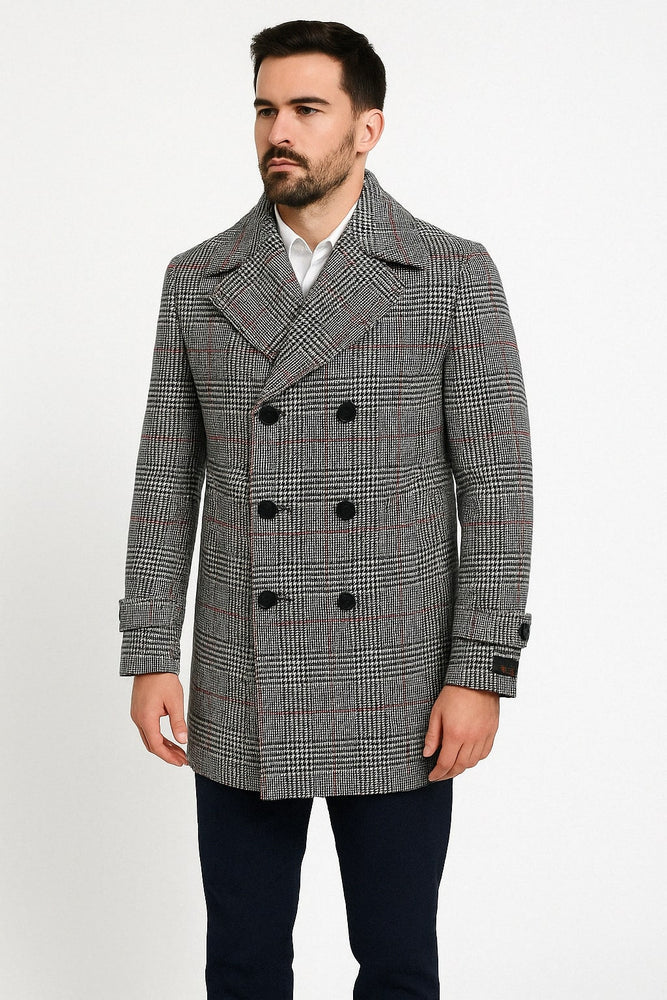 Mens Double-Breasted Houndstooth Plaid Overcoat in Black, White, and Red