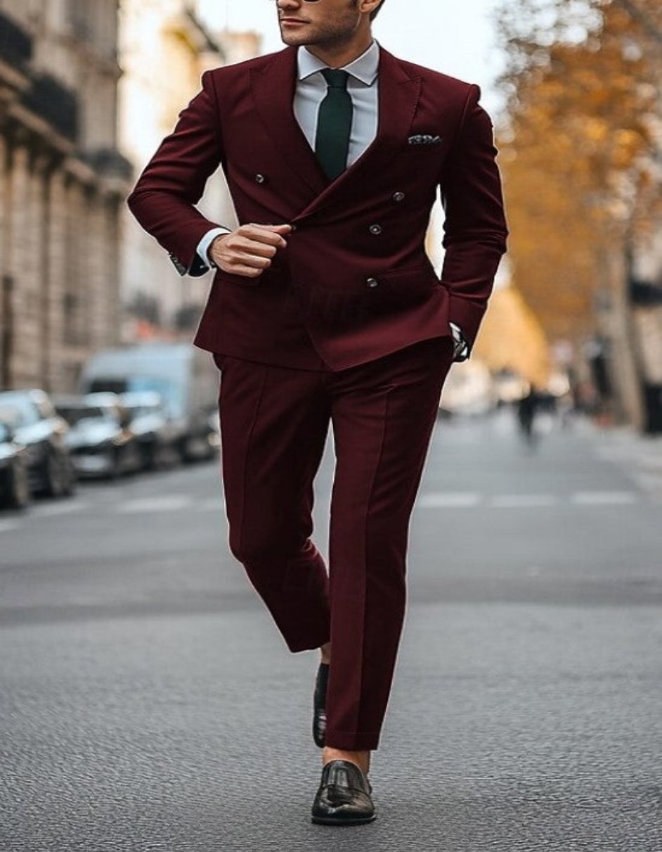Mens Designer Modern Fit Double Breasted Wool Suit with Gold Buttons in Burgundy main image 0