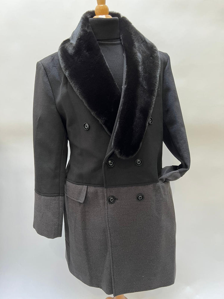 Men’s Double-Breasted Wool Overcoat with Faux Fur Shawl Collar – Classic Winter Dress Coat in Half Black and Charcoal