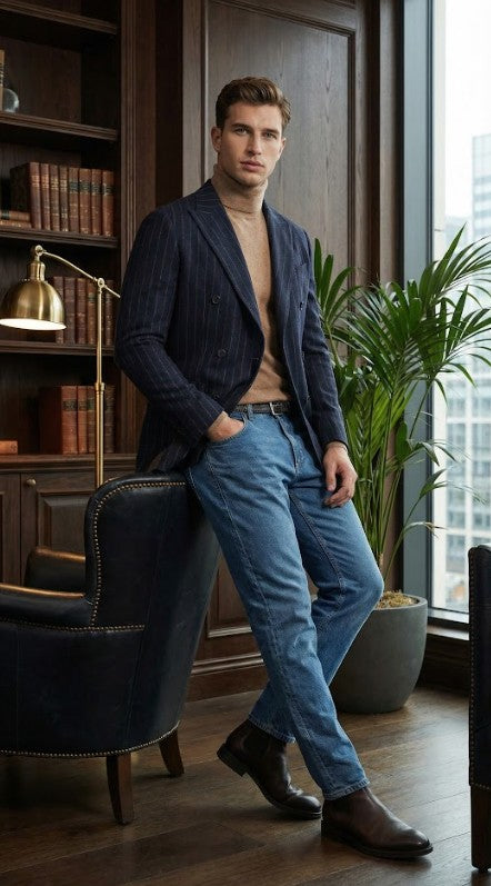 Men’s Double Breasted Navy Blue Pinstripe Blazer – Stripe Sport Coat Jacket