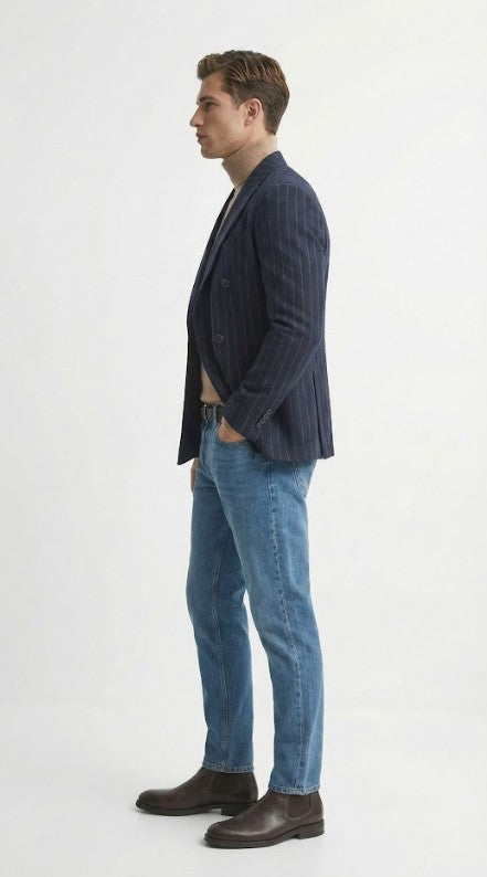 Men’s Double Breasted Navy Blue Pinstripe Blazer – Stripe Sport Coat Jacket