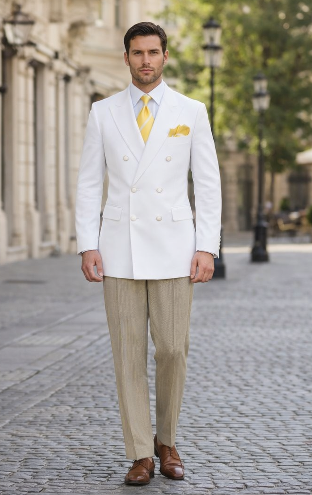 Men’s White Double Breasted Blazer – Classic Fit Formal Sport Coat