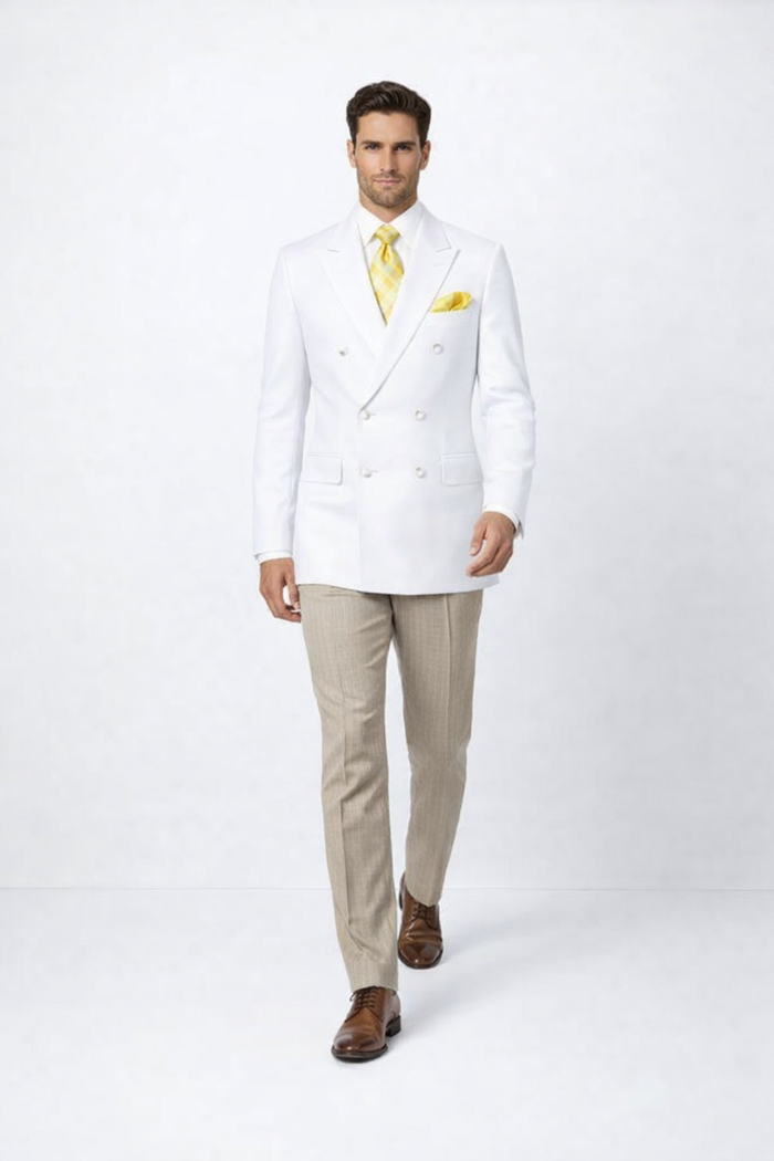 Men’s White Double Breasted Blazer – Classic Fit Formal Sport Coat