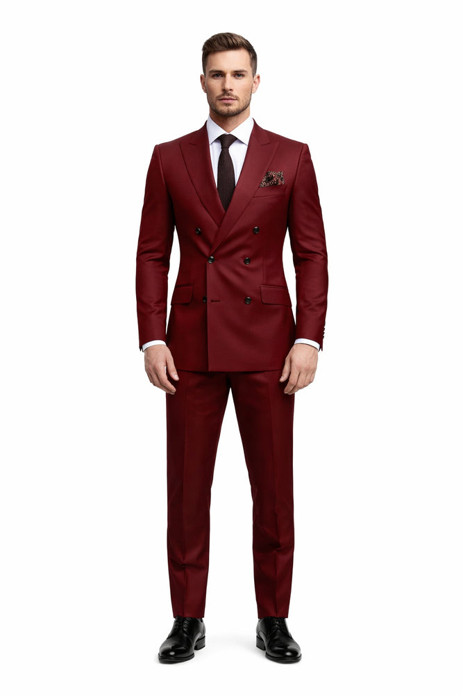 Double Breasted Slim Fit Suit - Burgundy Suit - Tapered Fit Pants