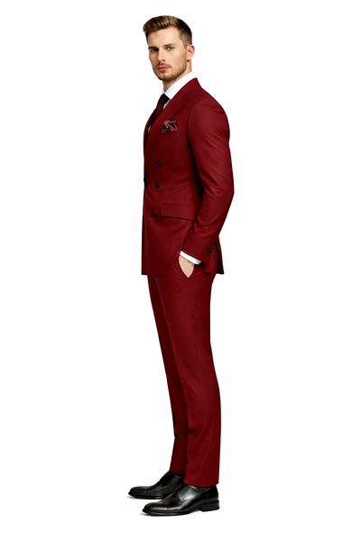 Double Breasted Slim Fit Suit - Burgundy Suit - Tapered Fit Pants