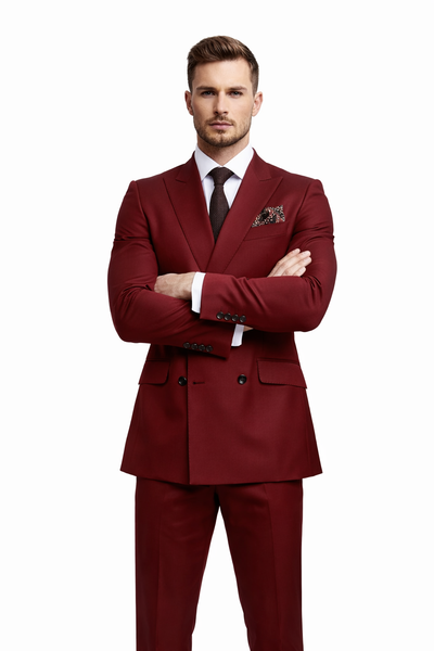 Double Breasted Slim Fit Suit - Burgundy Suit - Tapered Fit Pants