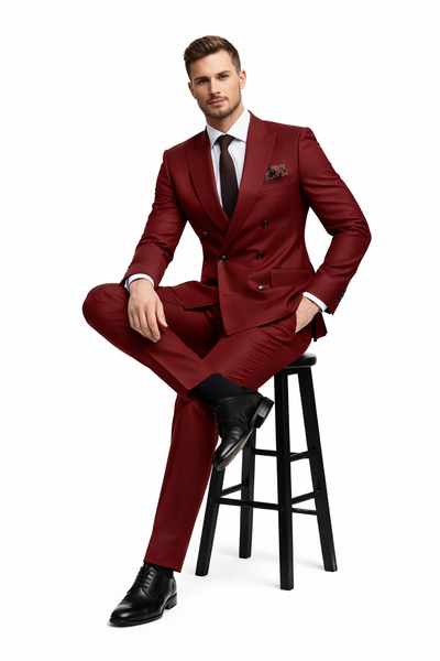 Double Breasted Slim Fit Suit - Burgundy Suit - Tapered Fit Pants