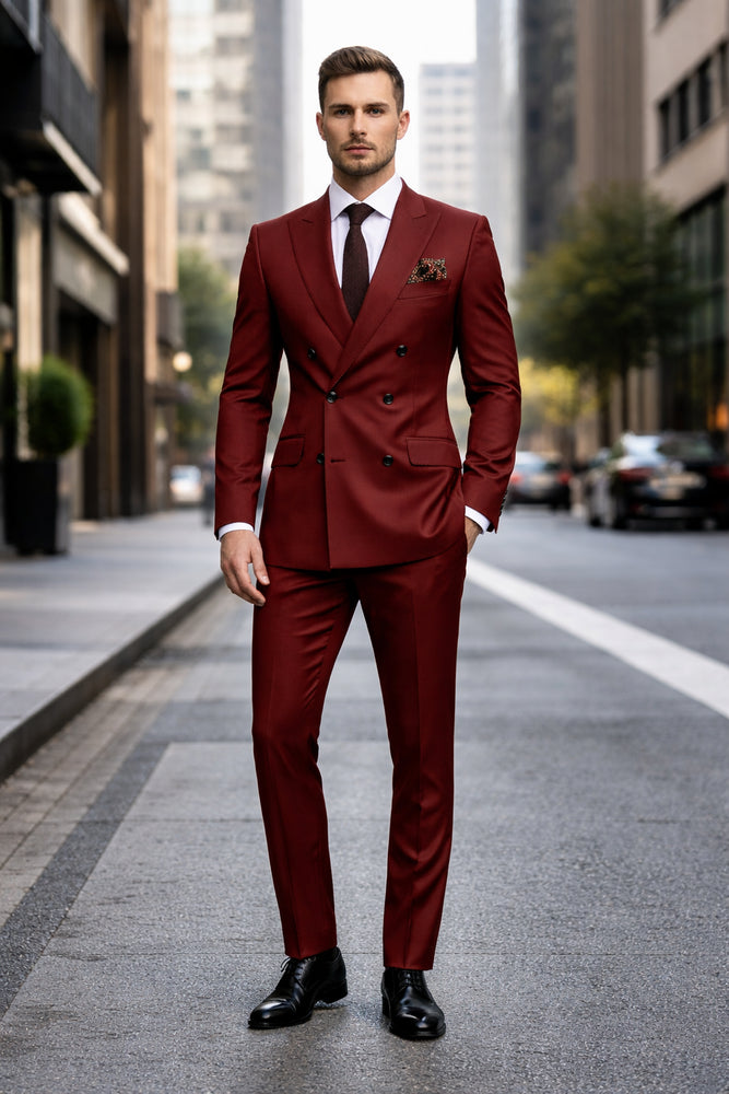 Double Breasted Slim Fit Suit - Burgundy Suit - Tapered Fit Pants