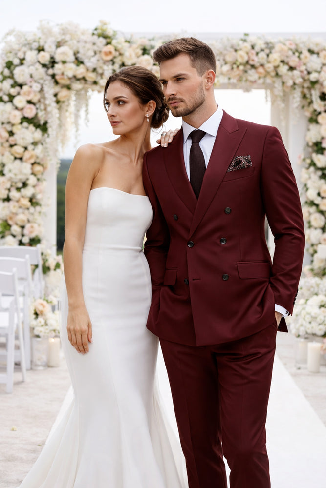 Double Breasted Slim Fit Suit - Burgundy Suit - Tapered Fit Pants