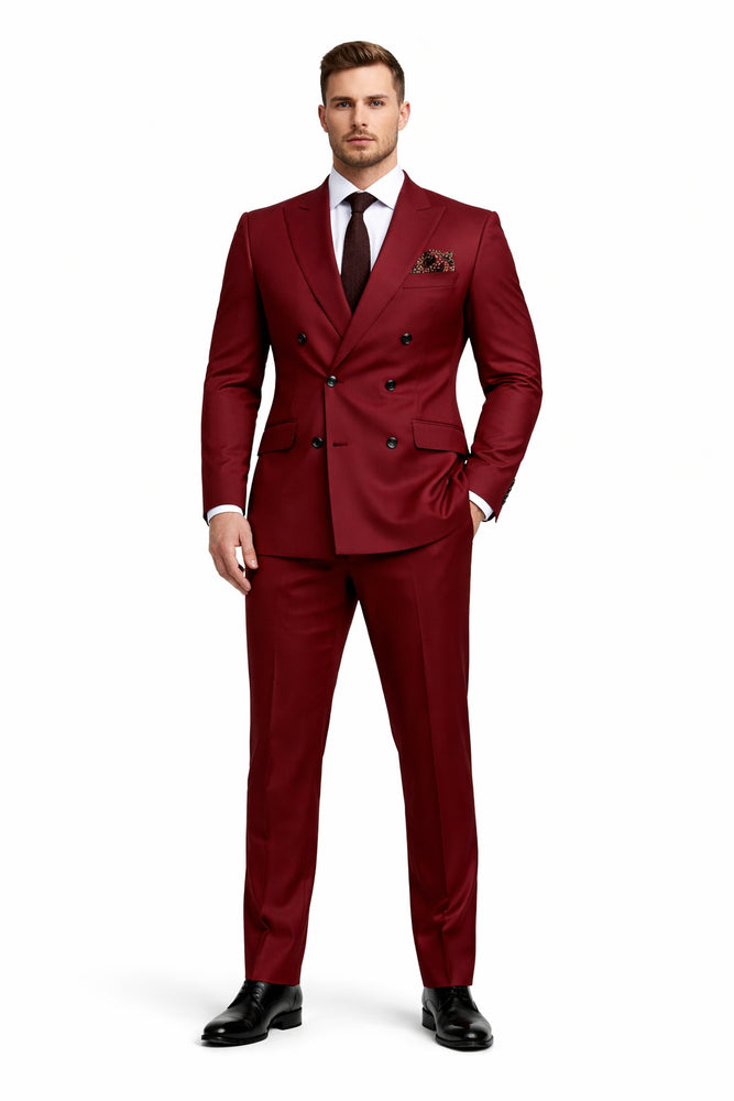 Double Breasted Slim Fit Suit - Burgundy Suit - Tapered Fit Pants