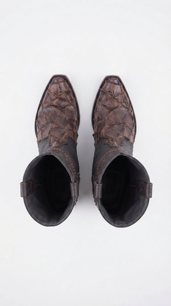 Men’s Brown Fish Skin Cowboy Boots, Exotic Western Dress Boots in Café Brown