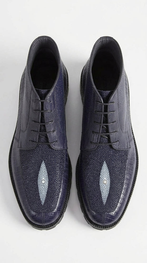 Los Altos Navy Genuine Lizard & Stingray Ankle Boots