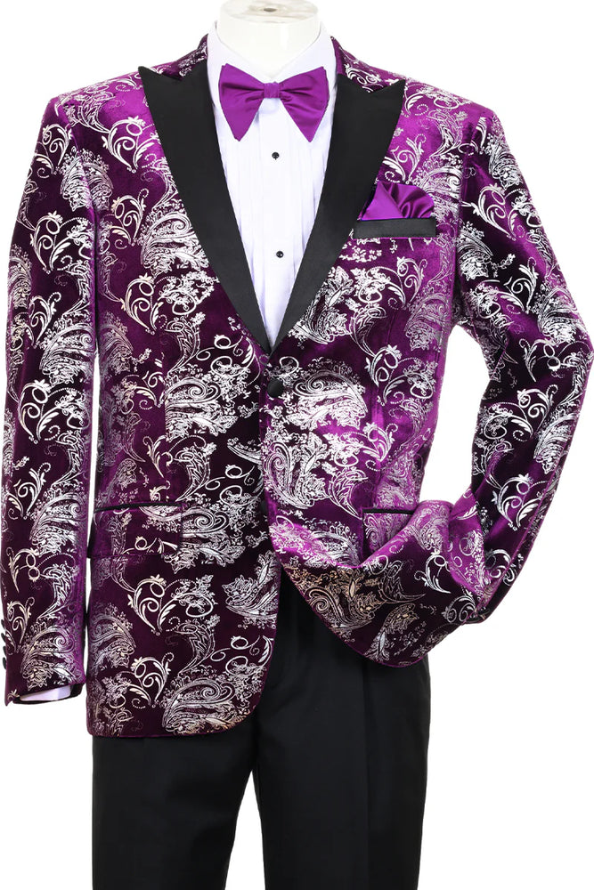 Mardi Gras Tuxedo Suit Men's Modern Fit Velvet Floral Paisley Foil Tuxedo Jacket in Purple & Silver