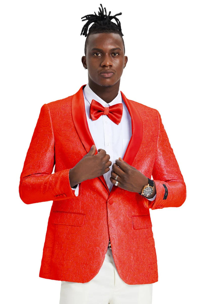Men's Slim Fit Wedding & Prom 2026 Tonal Paisely Tuxedo Jacket In Red