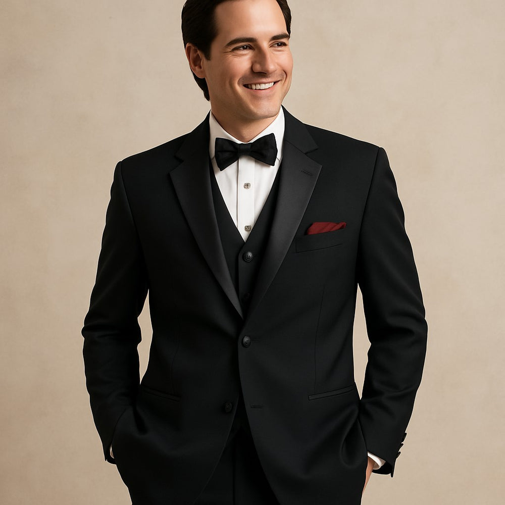 EXTRA SUPER 150'S WOOL 2 BUTTON Men's BLACK TUXEDO WITH IT A BEAUTY FOR ANY WED