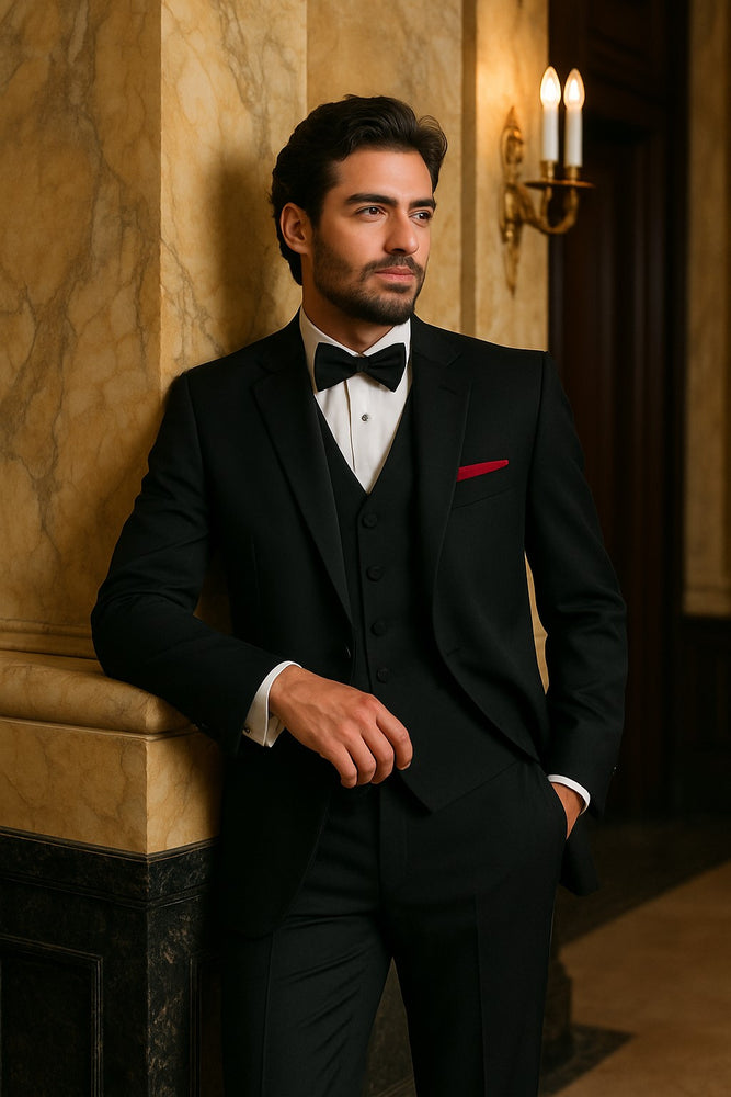 EXTRA SUPER 150'S WOOL 2 BUTTON Men's BLACK TUXEDO WITH IT A BEAUTY FOR ANY WED