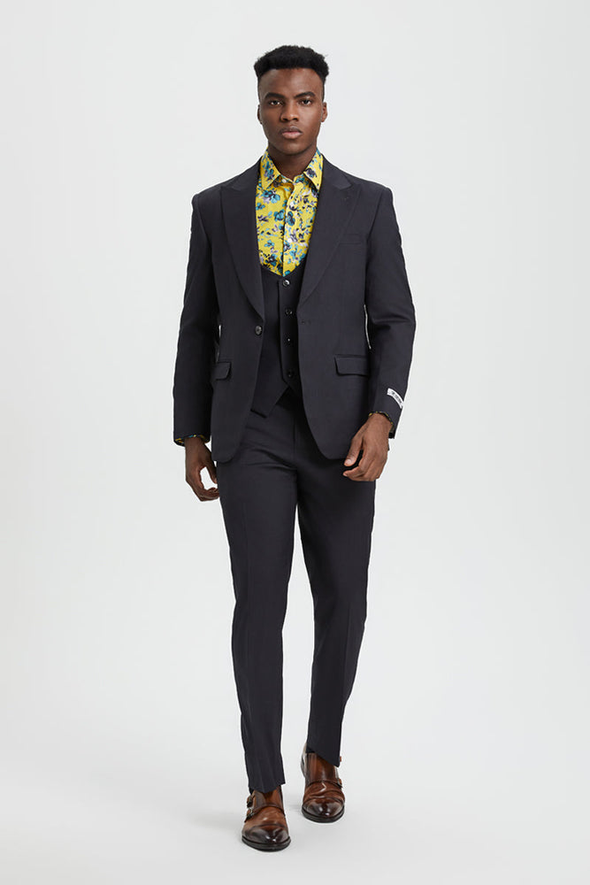 Men's Vested One Button Peak Lapel Stacy Adams Designer Suit in Charcoal