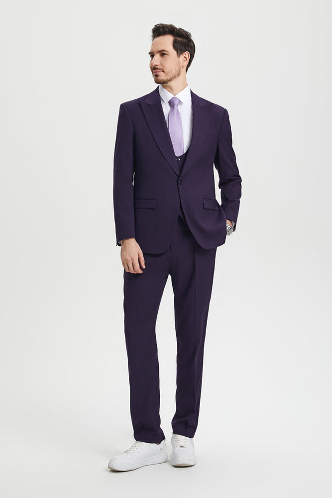 Men's Vested One Button Peak Lapel Stacy Adams Designer Suit in Eggplant