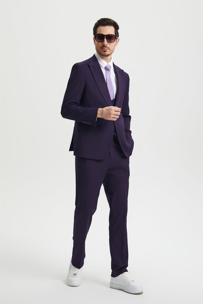 Men's Vested One Button Peak Lapel Stacy Adams Designer Suit in Eggplant