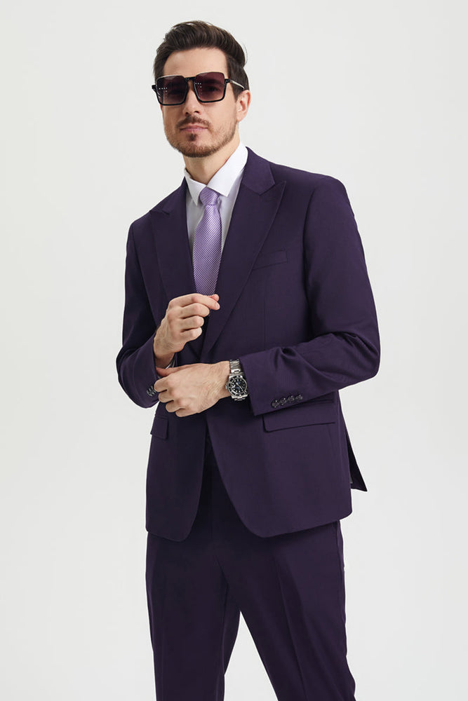 Men's Vested One Button Peak Lapel Stacy Adams Designer Suit in Eggplant