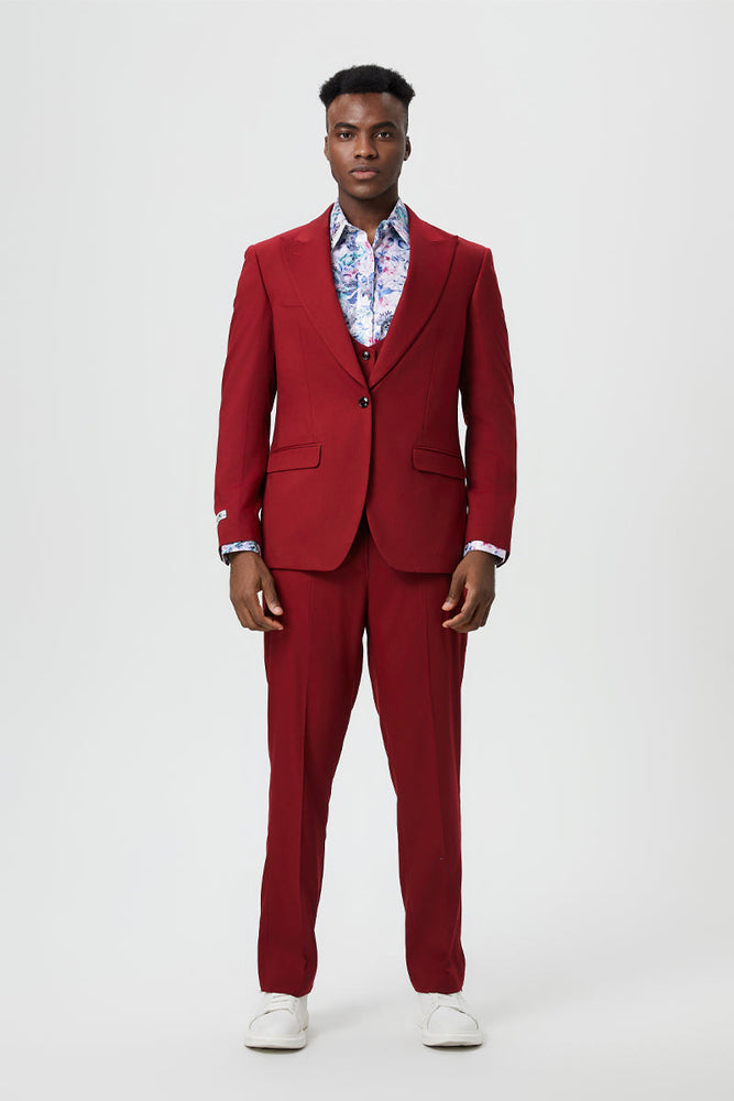 Men's Vested One Button Peak Lapel Stacy Adams Designer Suit in Cherry Red
