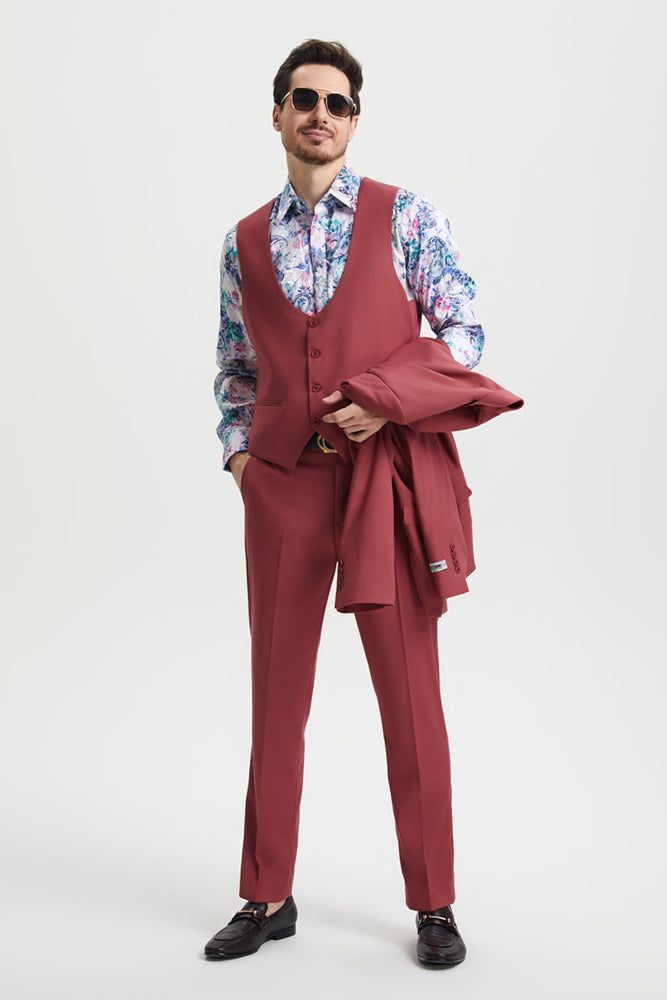 Men's Vested One Button Peak Lapel Stacy Adams Designer Suit in Coral Blush Pink