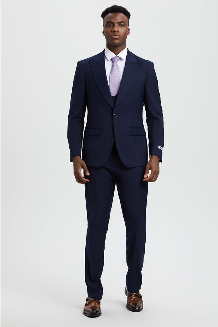 Men's Vested One Button Peak Lapel Stacy Adams Designer Suit in Navy Blue