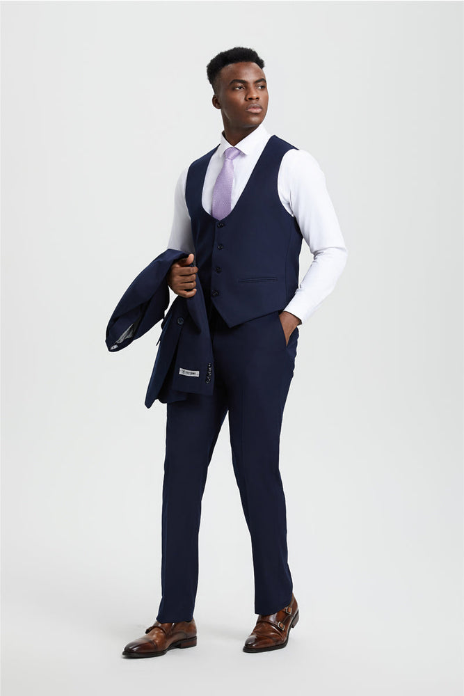 Men's Vested One Button Peak Lapel Stacy Adams Designer Suit in Navy Blue