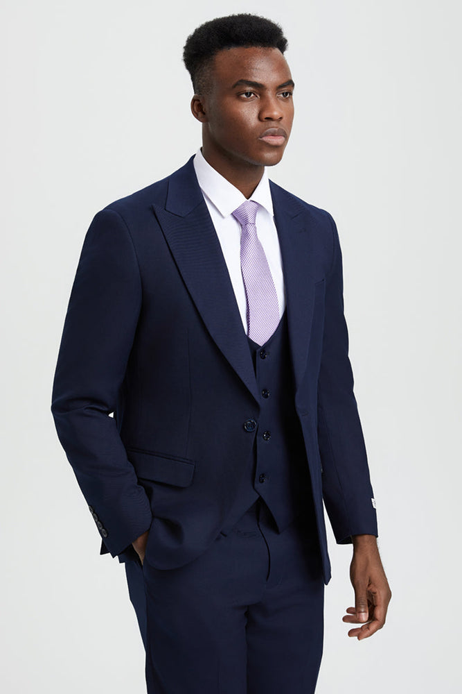 Men's Vested One Button Peak Lapel Stacy Adams Designer Suit in Navy Blue