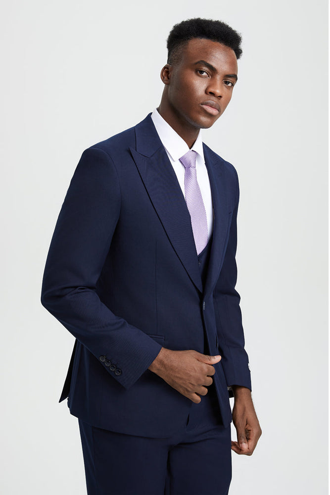Men's Vested One Button Peak Lapel Stacy Adams Designer Suit in Navy Blue