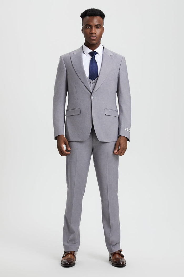 Men's Vested One Button Peak Lapel Stacy Adams Designer Suit in Light Grey