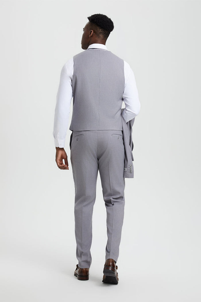Men's Vested One Button Peak Lapel Stacy Adams Designer Suit in Light Grey