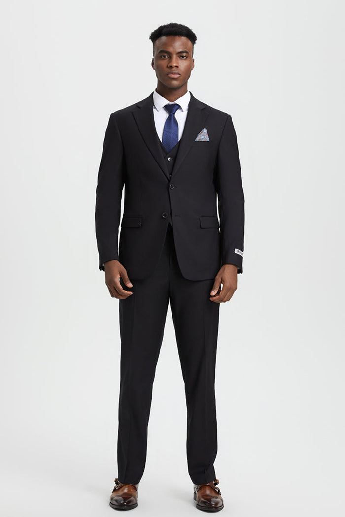Men's Two Button Vested Stacy Adams Designer Basic Suit in Black