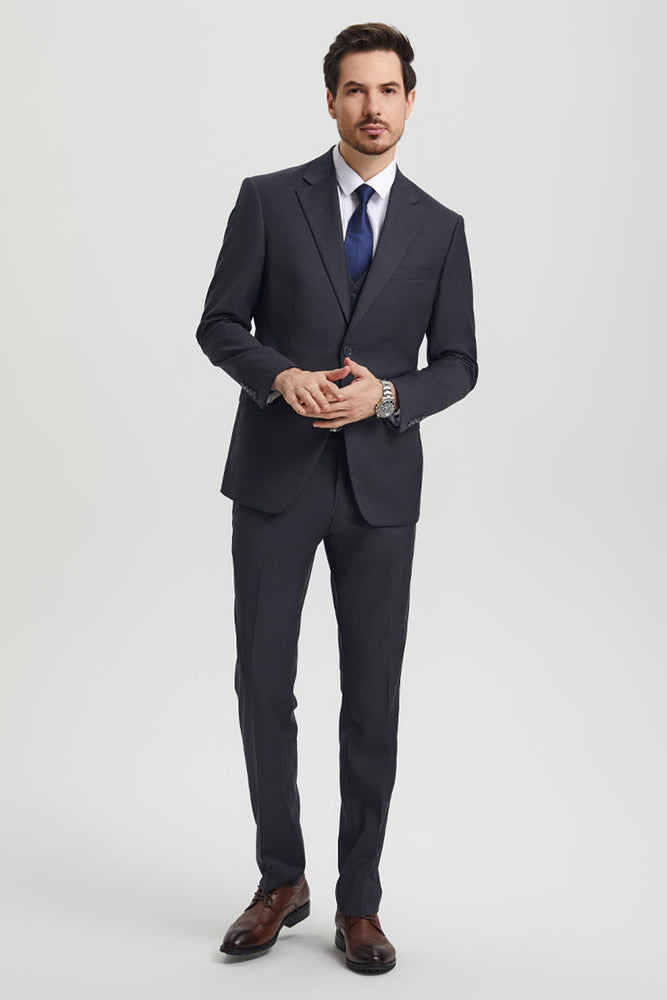 Men's Two Button Vested Stacy Adams Basic Designer Suit in Charcoal Grey