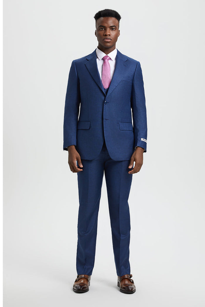 Men's Two Button Vested Stacy Adams Designer Sharkskin Suit in Blue
