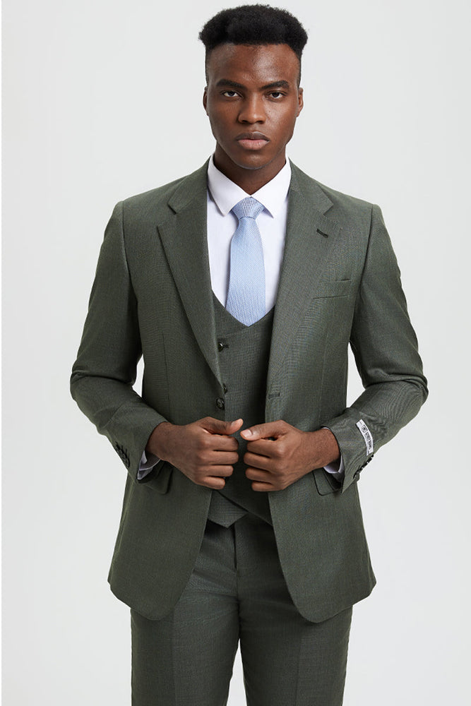 Men's Two Button Vested Stacy Adams Designer Sharkskin Suit in Olive Green