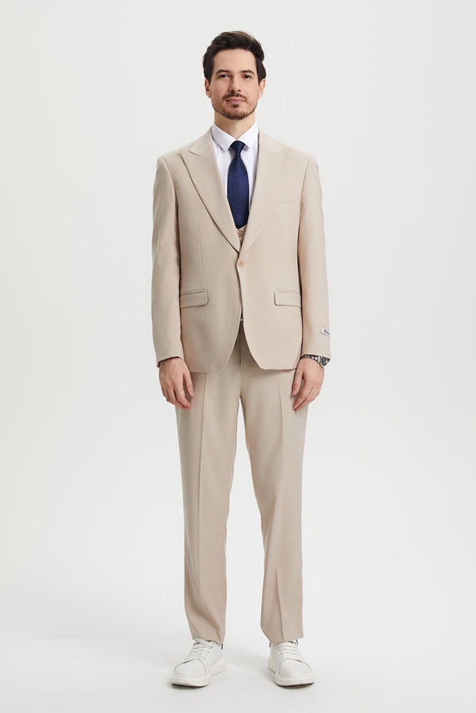 Men's Vested One Button Peak Lapel Stacy Adams Designer Suit in Tan