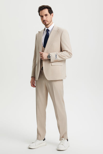 Men's Vested One Button Peak Lapel Stacy Adams Designer Suit in Tan