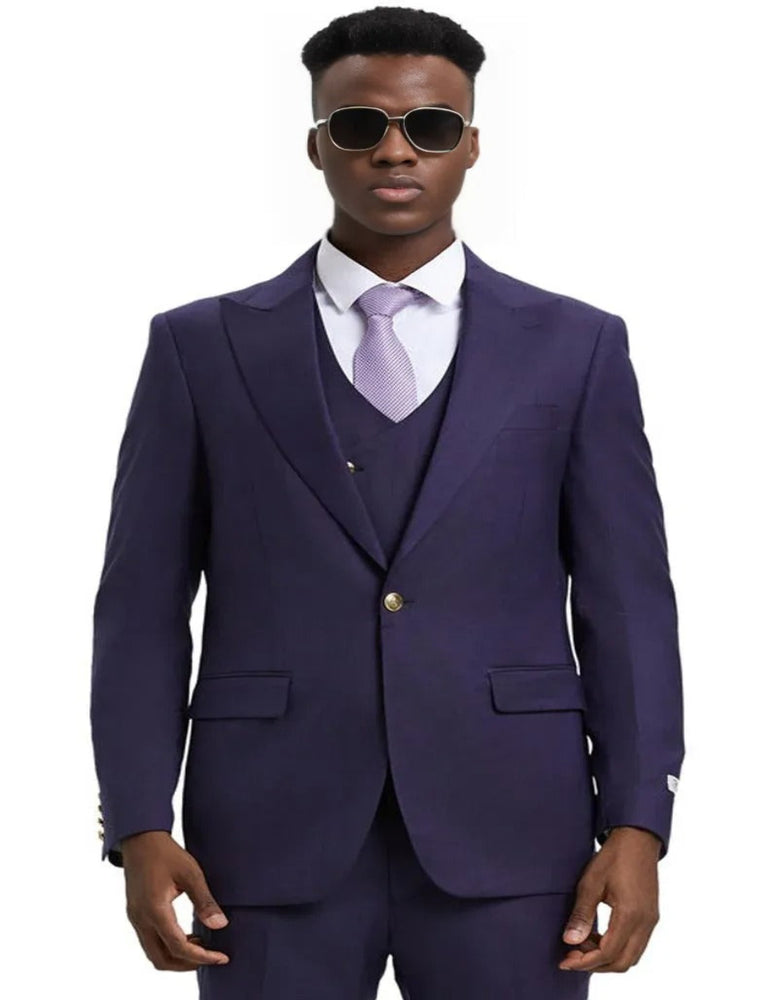 Men's Stacy Adams Vested One Button Side Peak Lapel Egg Plant Purple Suit
