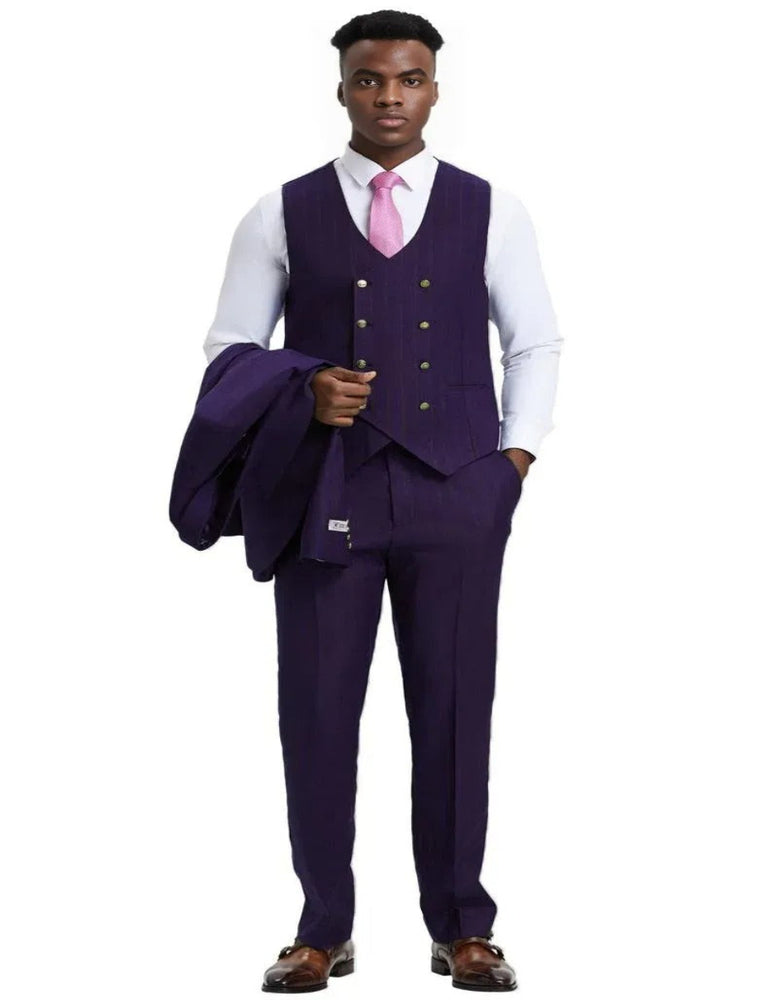 Men's Stacy Adams Vested One Button Side Peak Lapel Egg Plant Purple Suit