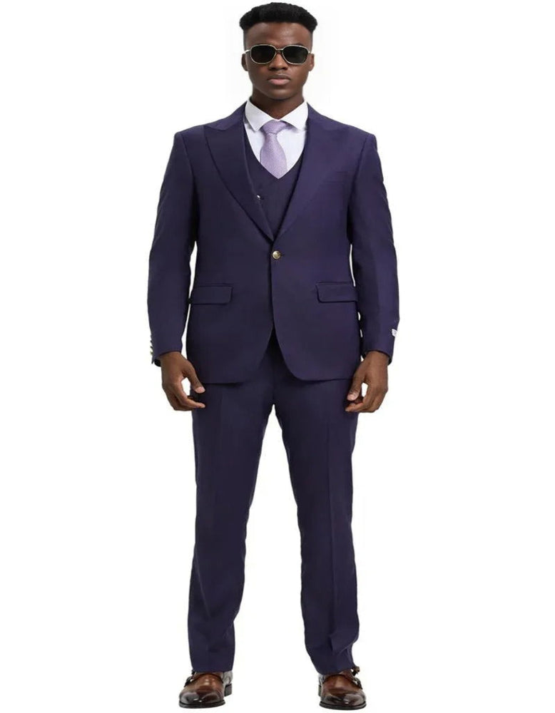 Men's Stacy Adams Vested One Button Side Peak Lapel Egg Plant Purple Suit