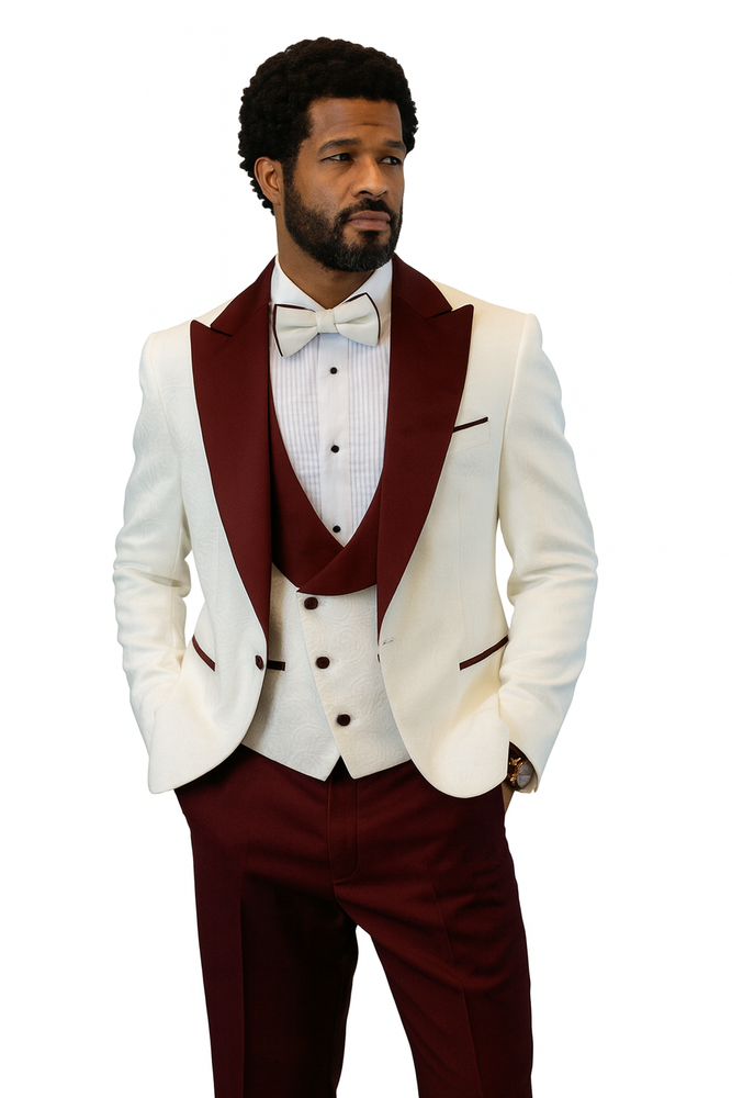 Hilton White and Burgundy Paisley Peak Lapel Tuxedo Jacket with Matching Shawl Vest and Wool Pants – Includes Bow Tie