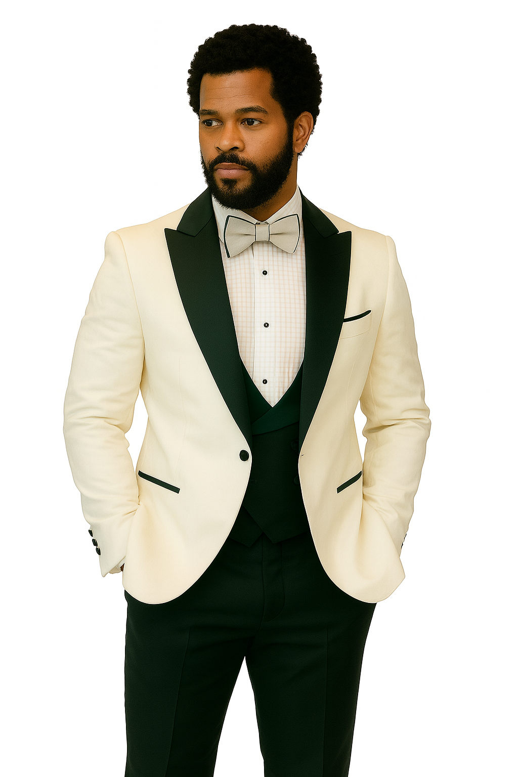 Hilton White and Hunter Green Paisley Peak Lapel Tuxedo Jacket with Matching Shawl Vest and Wool Pants – Includes Bow Tie