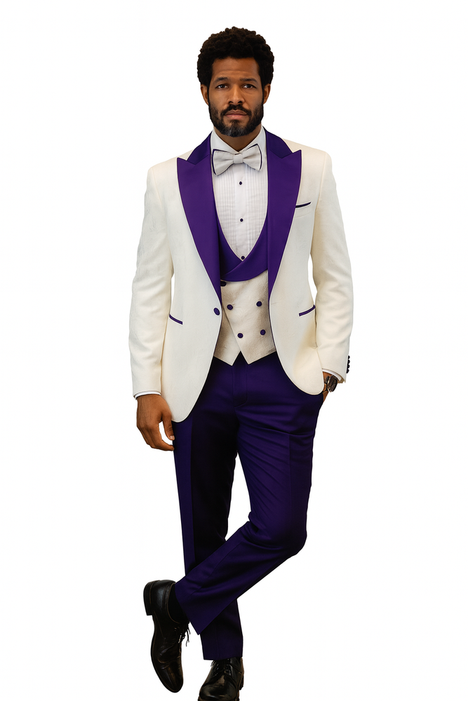 Hilton White and Purple Paisley Peak Lapel Tuxedo Jacket with Matching Shawl Vest and Wool Pants – Includes Bow Tie