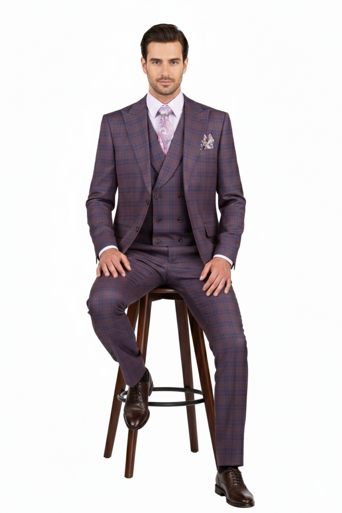 Purple Plaid Suit - Vested Suit - 3 Piece Suits - Peak Lapel Suits - Windowpane Suit - 2 Button