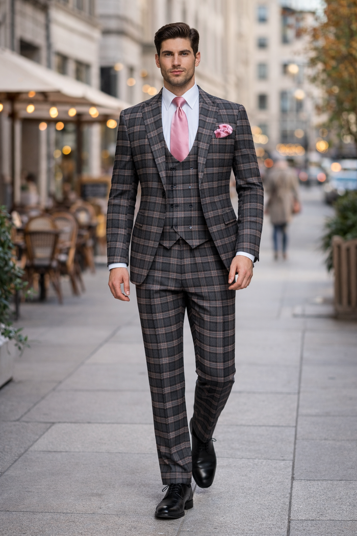 Dark Green & Pink Windowpane Tailored 3-Piece Luxury Suit by Rossiman