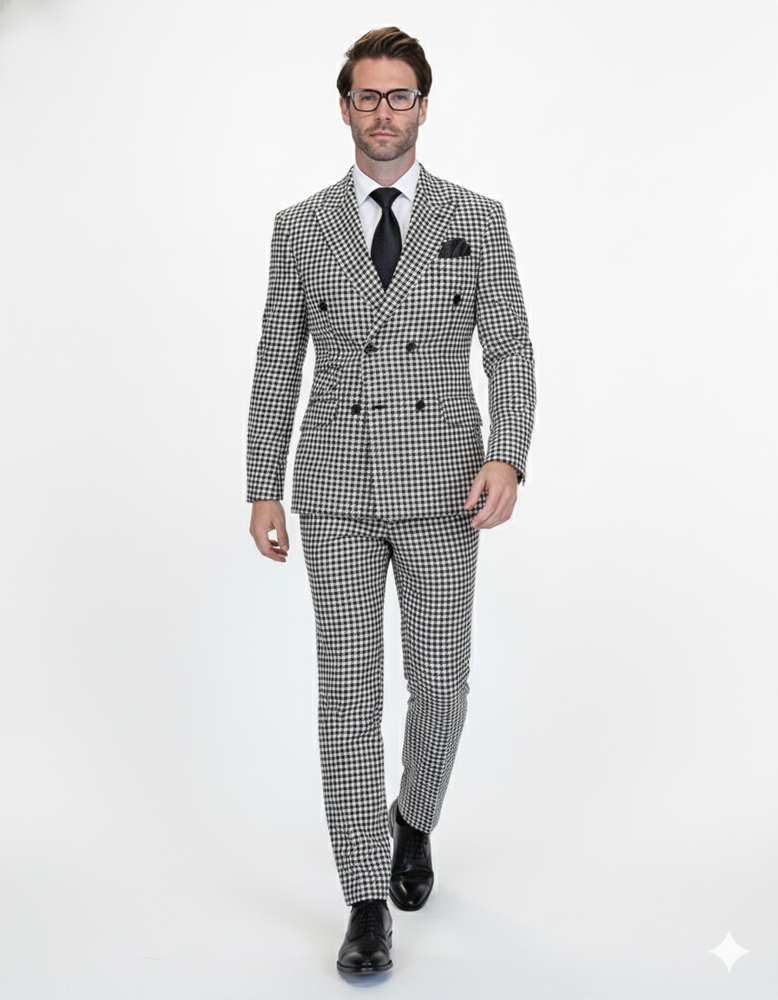 Double Breasted Suits - Vested Suits Wool Fabric  - Black Houndstooth Suit