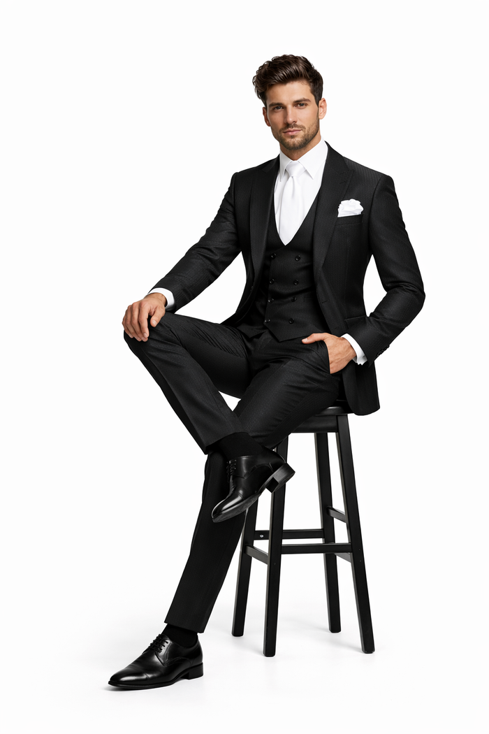 Midnight Onyx Textured 3-Piece Gala Suit with White Accents