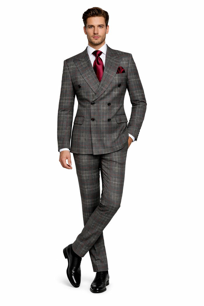 Mens Rossiman Grey Plaid Double Breasted Suit – Modern 6-Button Tailored Fit