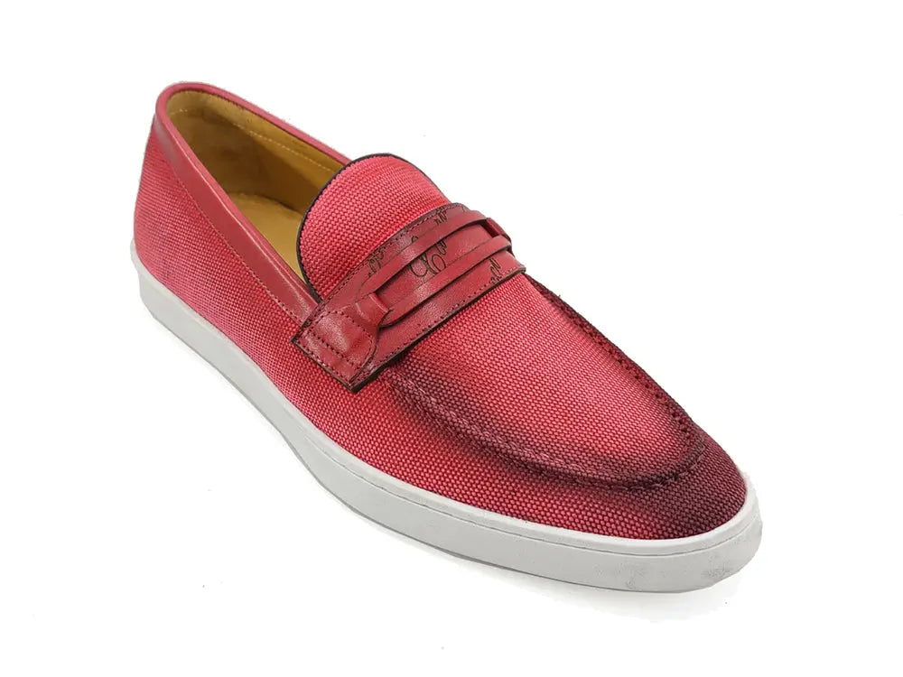 Carrucci Embossed Leather Strap Linen Sneaker